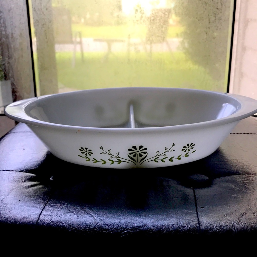 Vintage 12” X 8.5” divided glasbake dish
